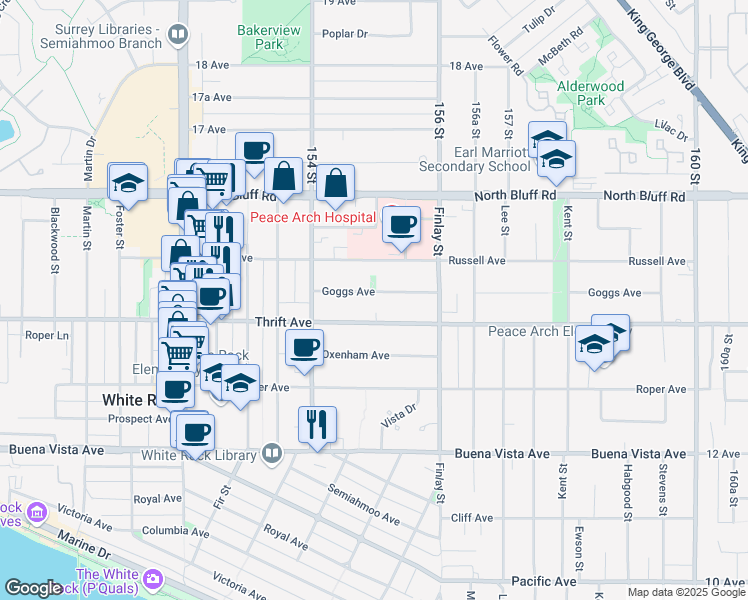 map of restaurants, bars, coffee shops, grocery stores, and more near 15498 Goggs Avenue in White Rock
