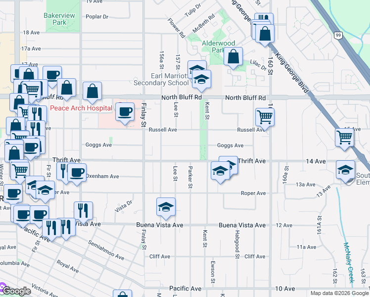 map of restaurants, bars, coffee shops, grocery stores, and more near 15732 Goggs Avenue in White Rock