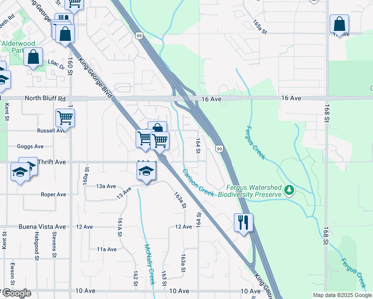 map of restaurants, bars, coffee shops, grocery stores, and more near 16362 14A Avenue in Surrey