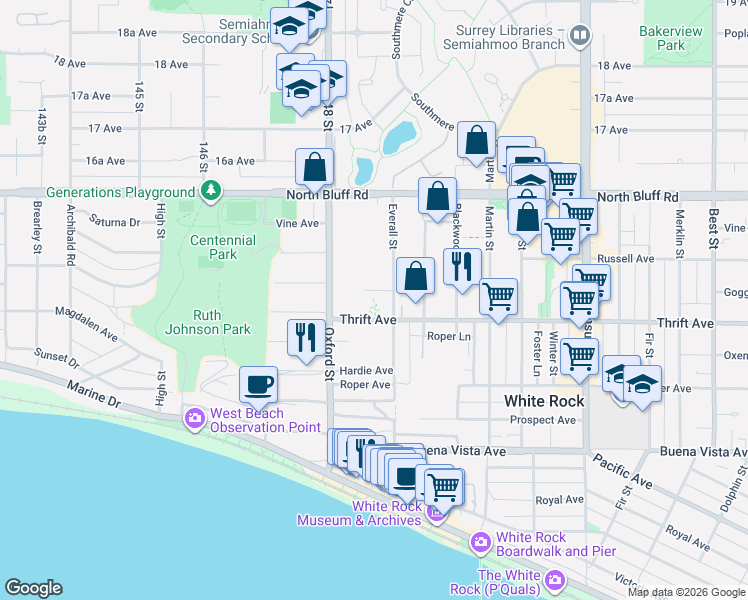 map of restaurants, bars, coffee shops, grocery stores, and more near 14855 Thrift Avenue in White Rock