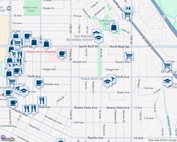 map of restaurants, bars, coffee shops, grocery stores, and more near 15712 Goggs Avenue in White Rock