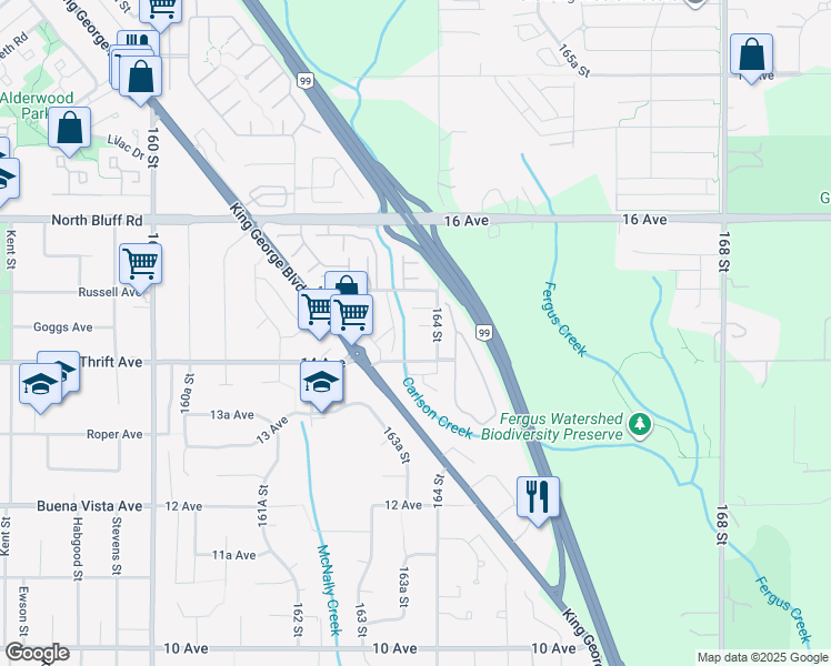 map of restaurants, bars, coffee shops, grocery stores, and more near in Surrey