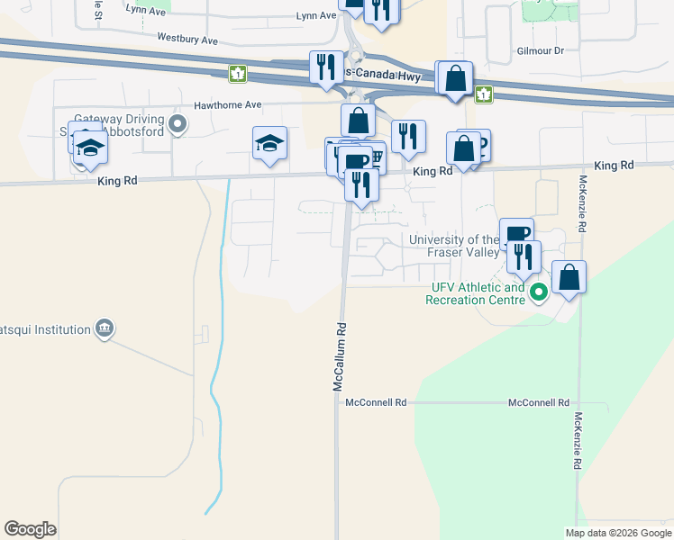 map of restaurants, bars, coffee shops, grocery stores, and more near 1419 McCallum Road in Abbotsford