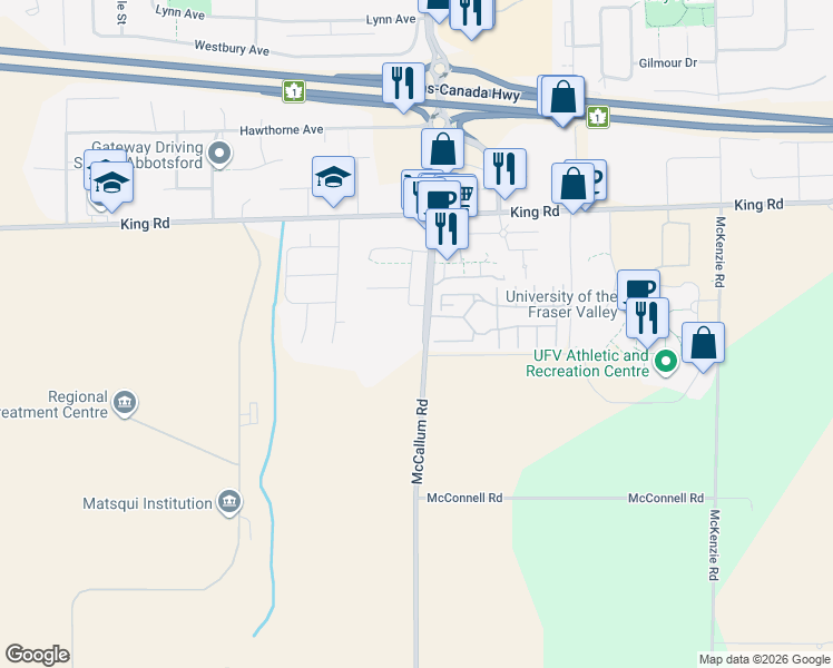 map of restaurants, bars, coffee shops, grocery stores, and more near 1419 McCallum Road in Abbotsford
