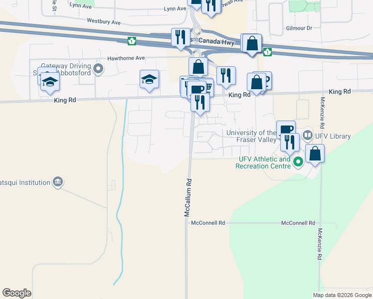 map of restaurants, bars, coffee shops, grocery stores, and more near 1419 McCallum Road in Abbotsford
