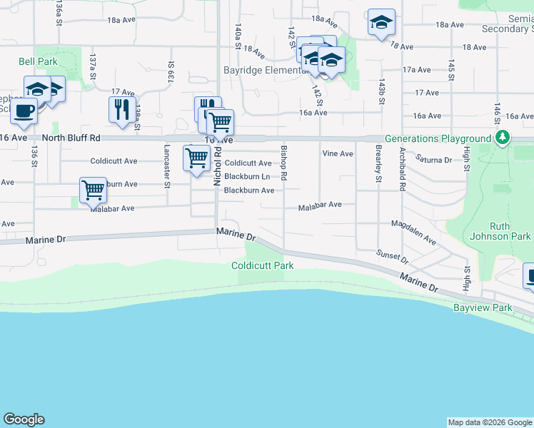 map of restaurants, bars, coffee shops, grocery stores, and more near 14115 Magdalen Avenue in White Rock