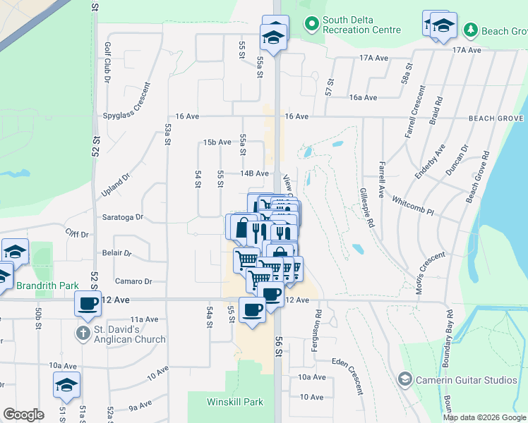 map of restaurants, bars, coffee shops, grocery stores, and more near 5556 14 Avenue in Delta