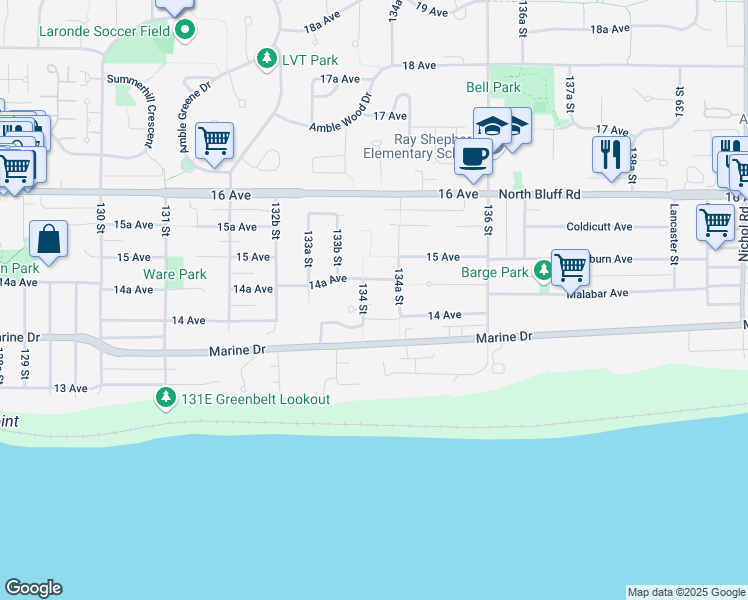 map of restaurants, bars, coffee shops, grocery stores, and more near 13417 14 Avenue in Surrey