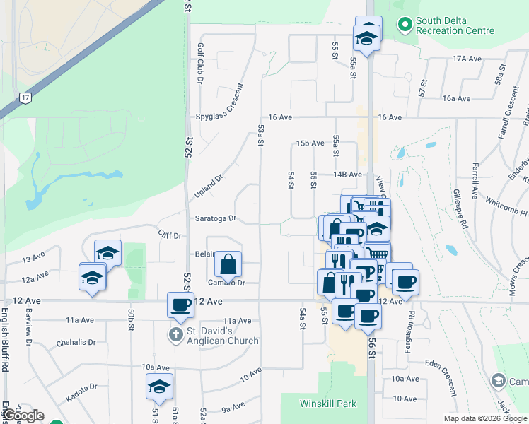 map of restaurants, bars, coffee shops, grocery stores, and more near 1400 53A Street in Delta