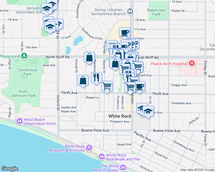 map of restaurants, bars, coffee shops, grocery stores, and more near 1444 Martin Street in White Rock