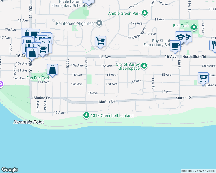 map of restaurants, bars, coffee shops, grocery stores, and more near 13222 14A Avenue in Surrey