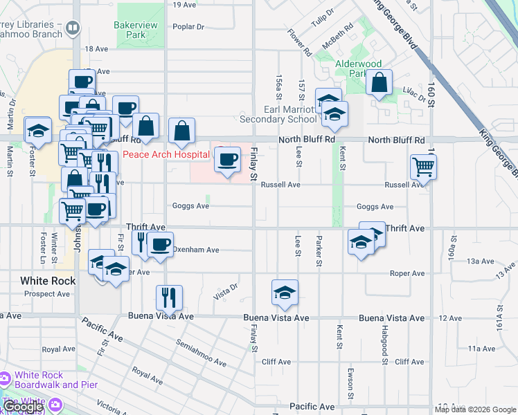 map of restaurants, bars, coffee shops, grocery stores, and more near 1426 Finlay Street in White Rock