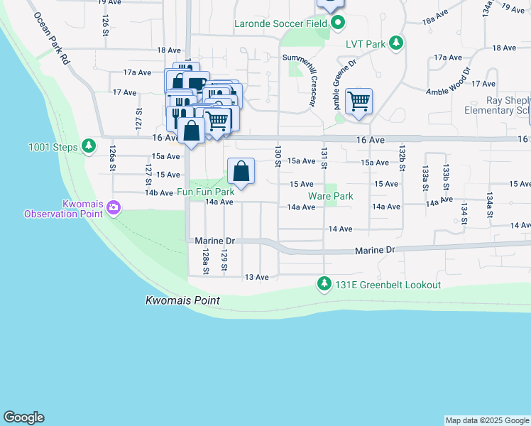 map of restaurants, bars, coffee shops, grocery stores, and more near 1436 129B Street in Surrey