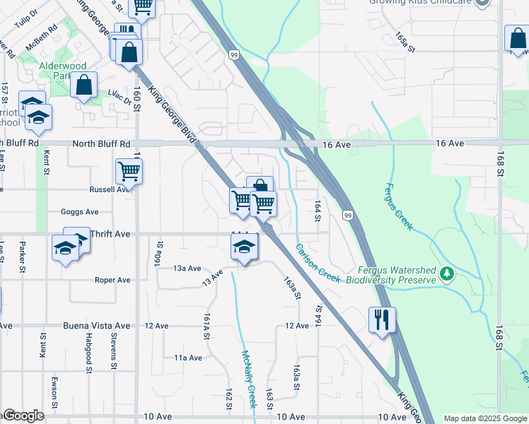 map of restaurants, bars, coffee shops, grocery stores, and more near 1452 162B Street in Surrey