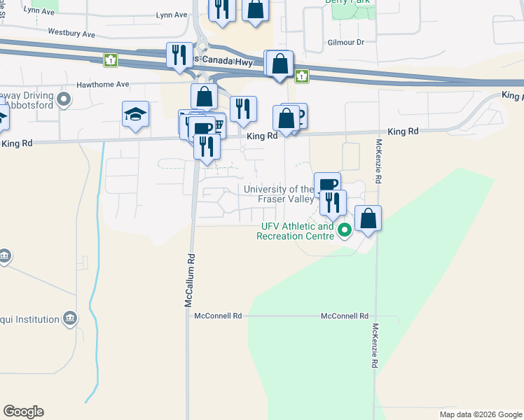 map of restaurants, bars, coffee shops, grocery stores, and more near 1515 College Dr in Abbotsford
