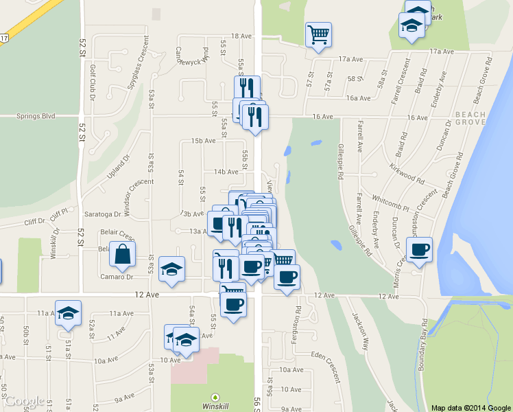 map of restaurants, bars, coffee shops, grocery stores, and more near 1369 56 Street in Tsawwassen