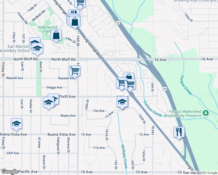 map of restaurants, bars, coffee shops, grocery stores, and more near 16160 14B Avenue in Surrey