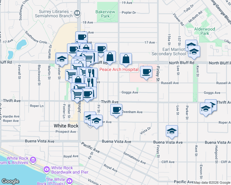 map of restaurants, bars, coffee shops, grocery stores, and more near 1447 Best Street in White Rock