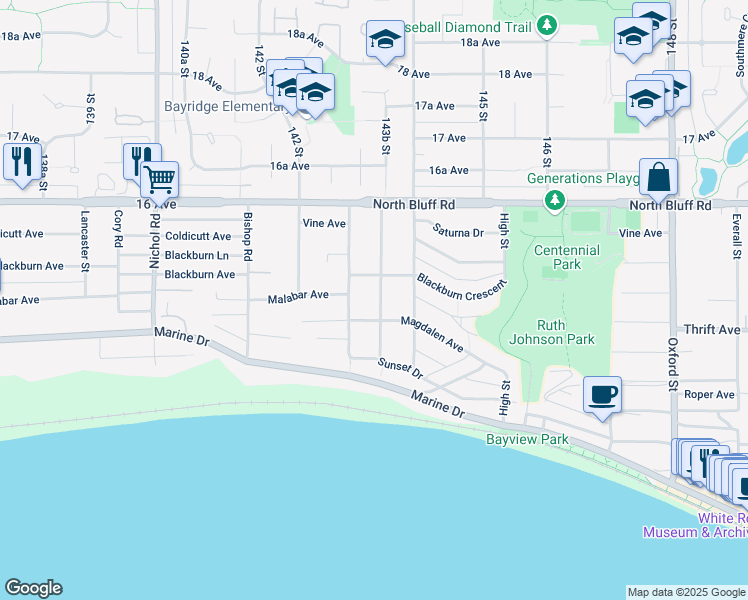 map of restaurants, bars, coffee shops, grocery stores, and more near 1461 Brearley Street in White Rock