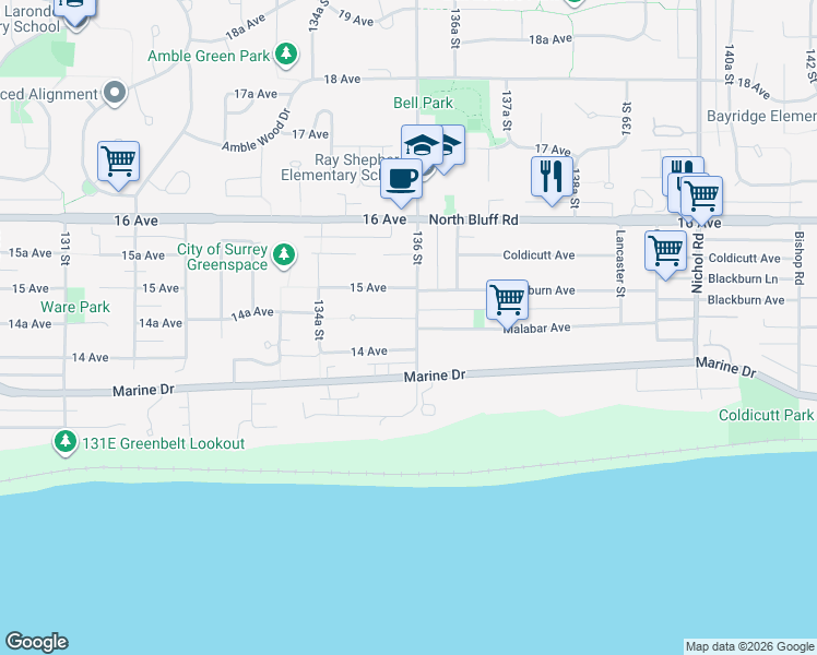 map of restaurants, bars, coffee shops, grocery stores, and more near 1435 136 Street in Surrey