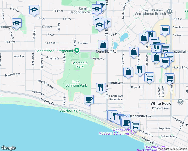 map of restaurants, bars, coffee shops, grocery stores, and more near 14722 Goggs Avenue in White Rock
