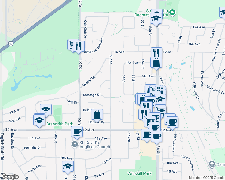 map of restaurants, bars, coffee shops, grocery stores, and more near 1404 53A Street in Delta