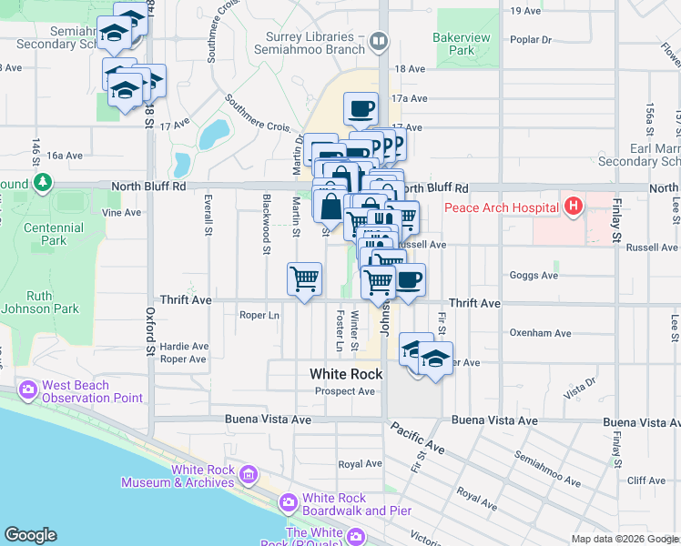 map of restaurants, bars, coffee shops, grocery stores, and more near 1442 Foster Street in White Rock
