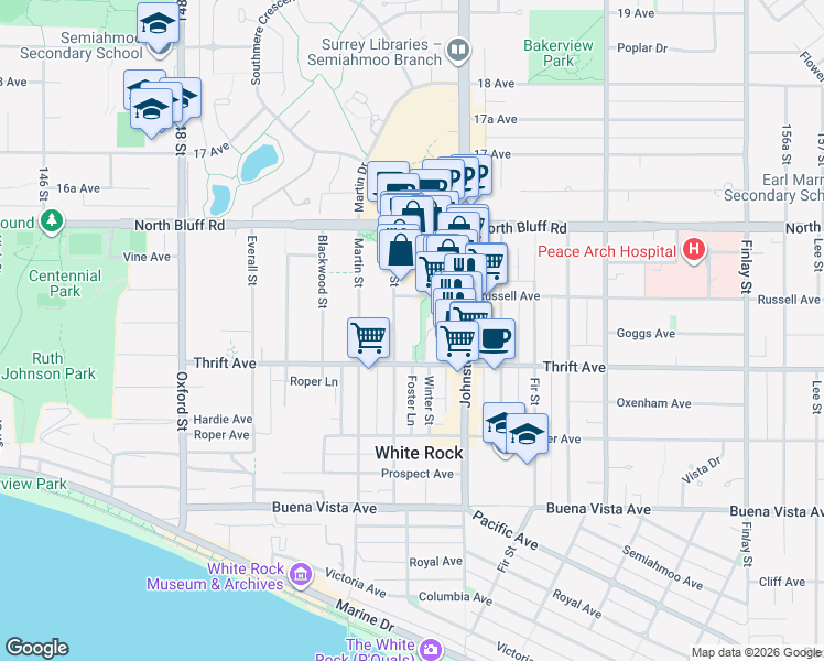 map of restaurants, bars, coffee shops, grocery stores, and more near in White Rock