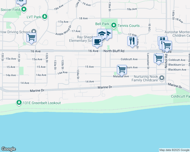 map of restaurants, bars, coffee shops, grocery stores, and more near 13572 14A Avenue in Surrey