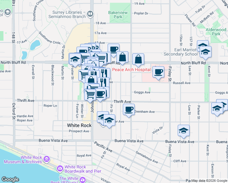 map of restaurants, bars, coffee shops, grocery stores, and more near 1448 Fir Street in White Rock