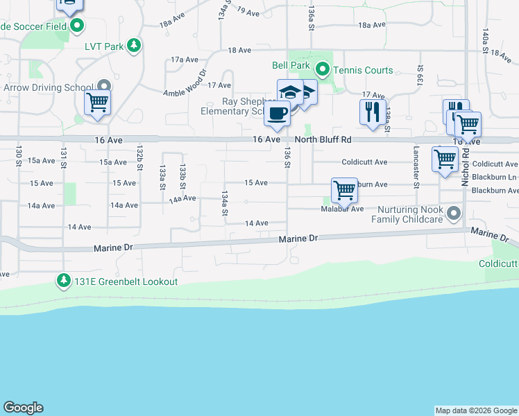 map of restaurants, bars, coffee shops, grocery stores, and more near 13542 14A Avenue in Surrey