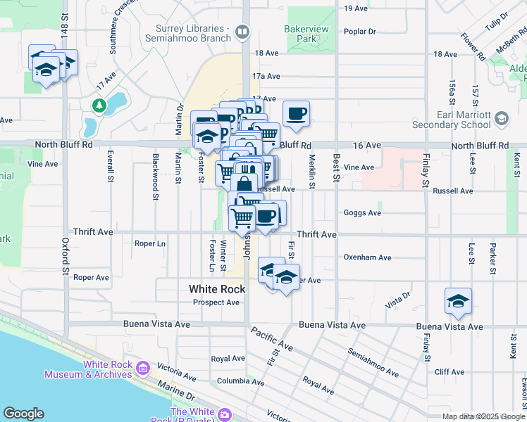 map of restaurants, bars, coffee shops, grocery stores, and more near 1455 George Street in White Rock