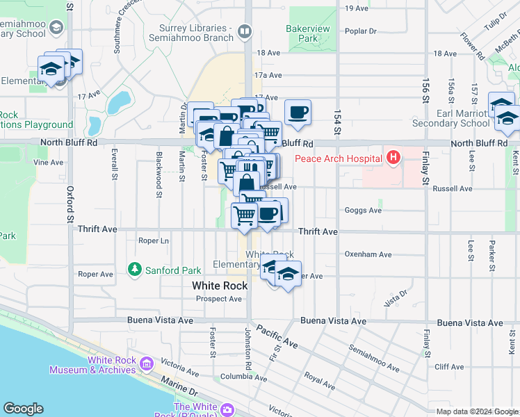 map of restaurants, bars, coffee shops, grocery stores, and more near 1455 George Street in White Rock