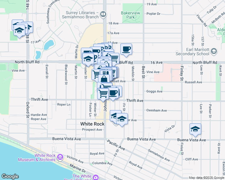 map of restaurants, bars, coffee shops, grocery stores, and more near in White Rock