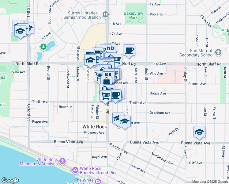 map of restaurants, bars, coffee shops, grocery stores, and more near 1478 Johnston Road in White Rock