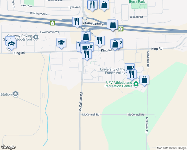 map of restaurants, bars, coffee shops, grocery stores, and more near 1502 McCallum Road in Abbotsford