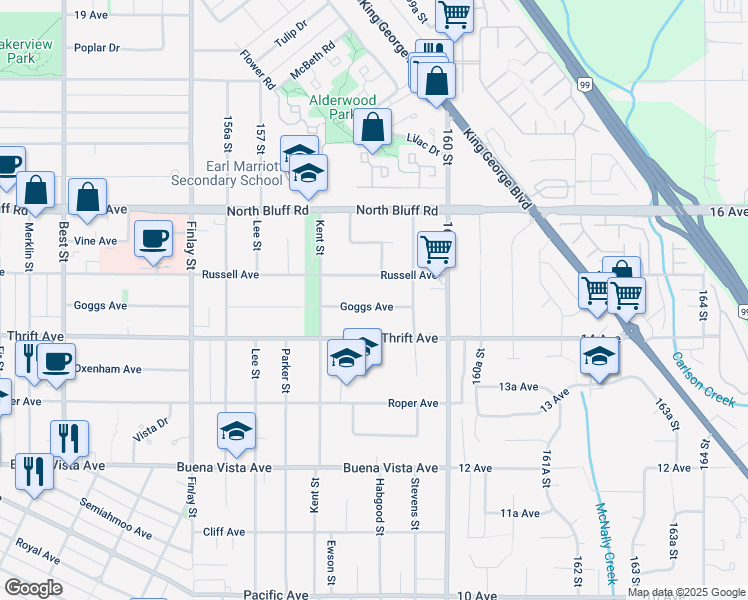 map of restaurants, bars, coffee shops, grocery stores, and more near 15873 Goggs Avenue in White Rock