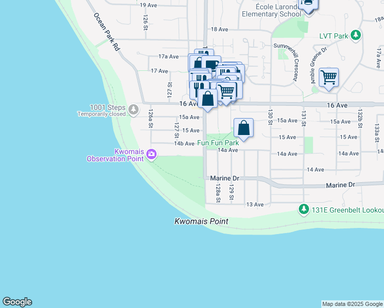 map of restaurants, bars, coffee shops, grocery stores, and more near 12765 14 Avenue in Surrey