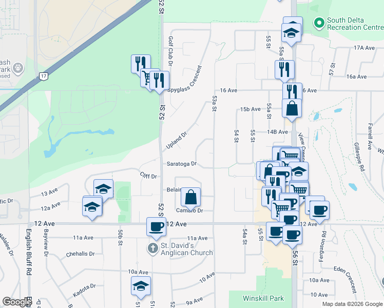 map of restaurants, bars, coffee shops, grocery stores, and more near 1401 Windsor Crescent in Delta