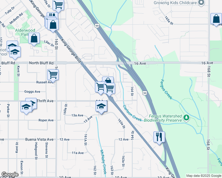 map of restaurants, bars, coffee shops, grocery stores, and more near 1454 162B Street in Surrey