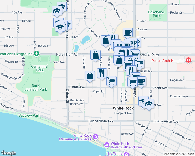 map of restaurants, bars, coffee shops, grocery stores, and more near 1459 Blackwood Street in White Rock