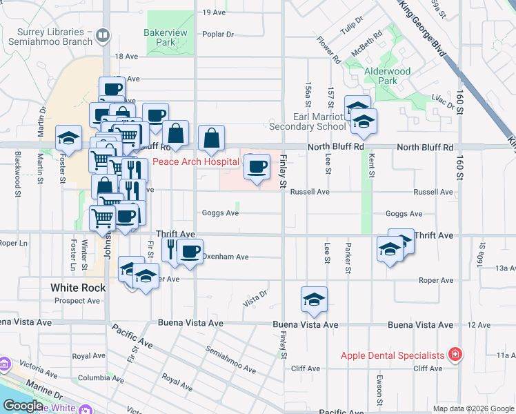 map of restaurants, bars, coffee shops, grocery stores, and more near 15560 Russell Avenue in White Rock