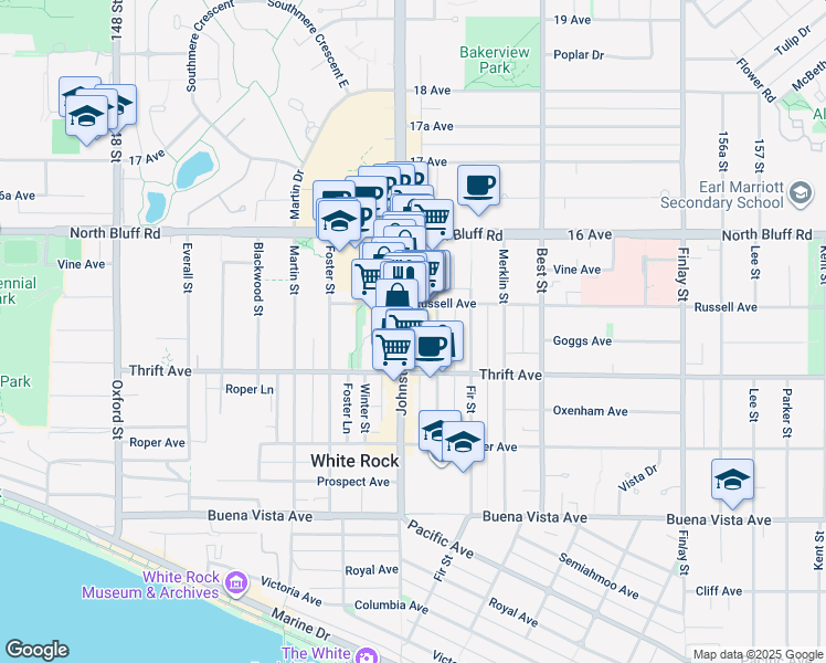 map of restaurants, bars, coffee shops, grocery stores, and more near in White Rock