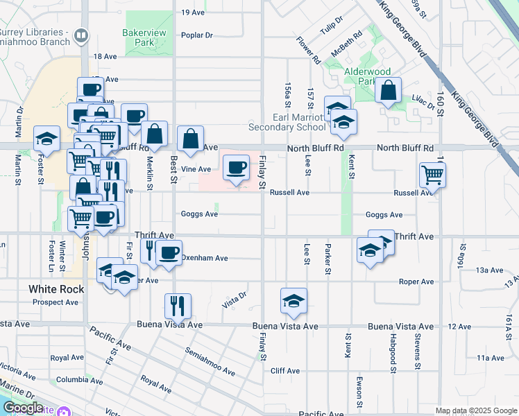 map of restaurants, bars, coffee shops, grocery stores, and more near 15597 Goggs Avenue in White Rock