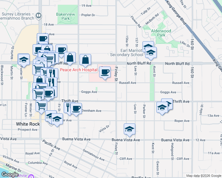 map of restaurants, bars, coffee shops, grocery stores, and more near 15573 Goggs Avenue in White Rock