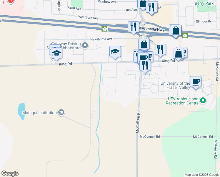 map of restaurants, bars, coffee shops, grocery stores, and more near 1460 Kaslo Court in Abbotsford