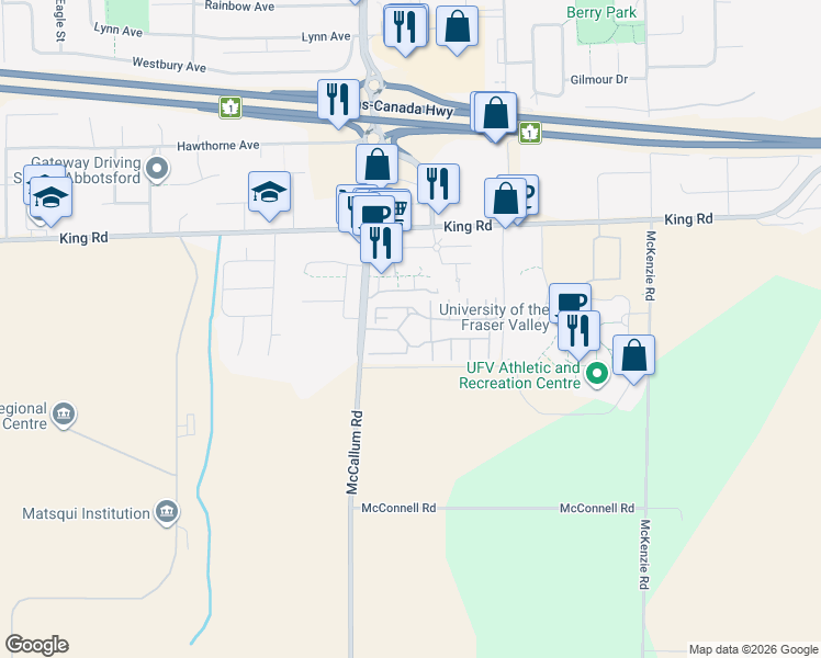 map of restaurants, bars, coffee shops, grocery stores, and more near 1502 McCallum Road in Abbotsford