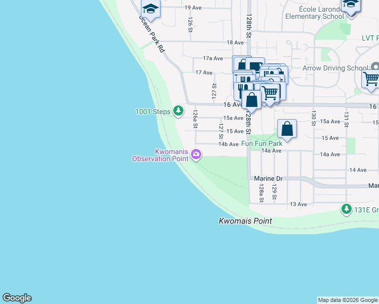 map of restaurants, bars, coffee shops, grocery stores, and more near 1455 126A Street in Surrey