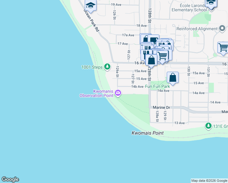 map of restaurants, bars, coffee shops, grocery stores, and more near 1455 126A Street in Surrey