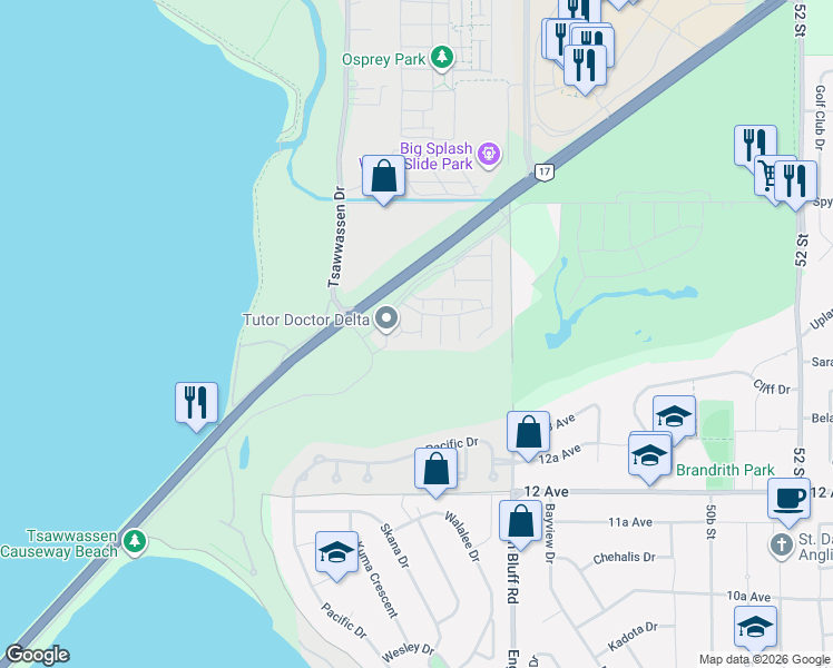 map of restaurants, bars, coffee shops, grocery stores, and more near 1391 Tsawwassen Drive in Metro Vancouver